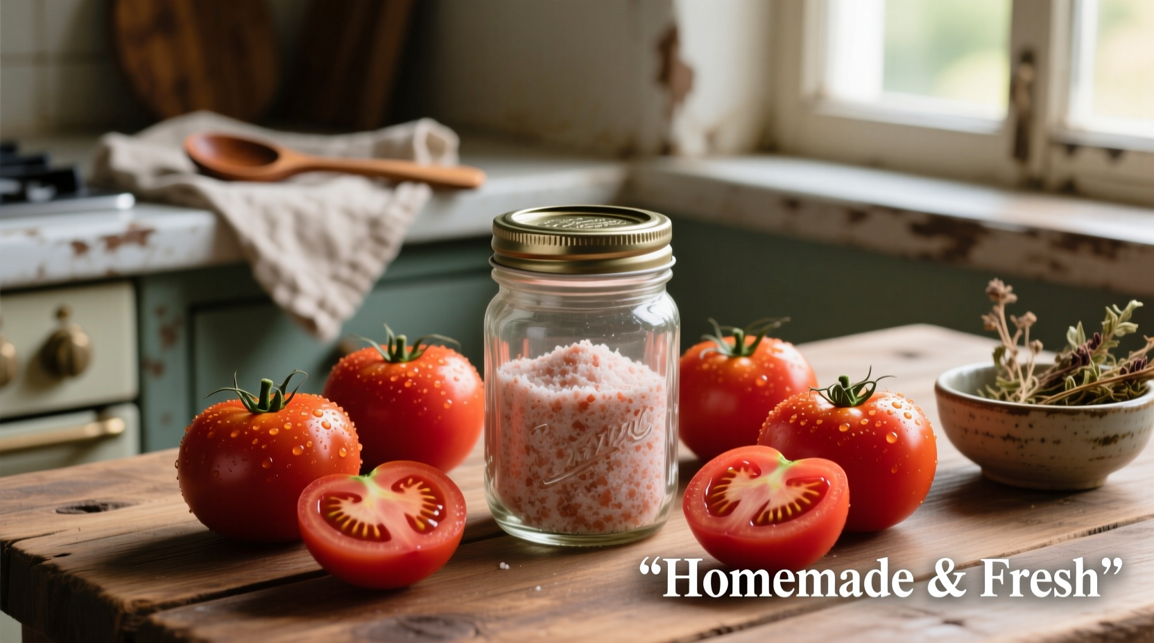 Homemade tomato salt in glass jar with fresh tomatoes