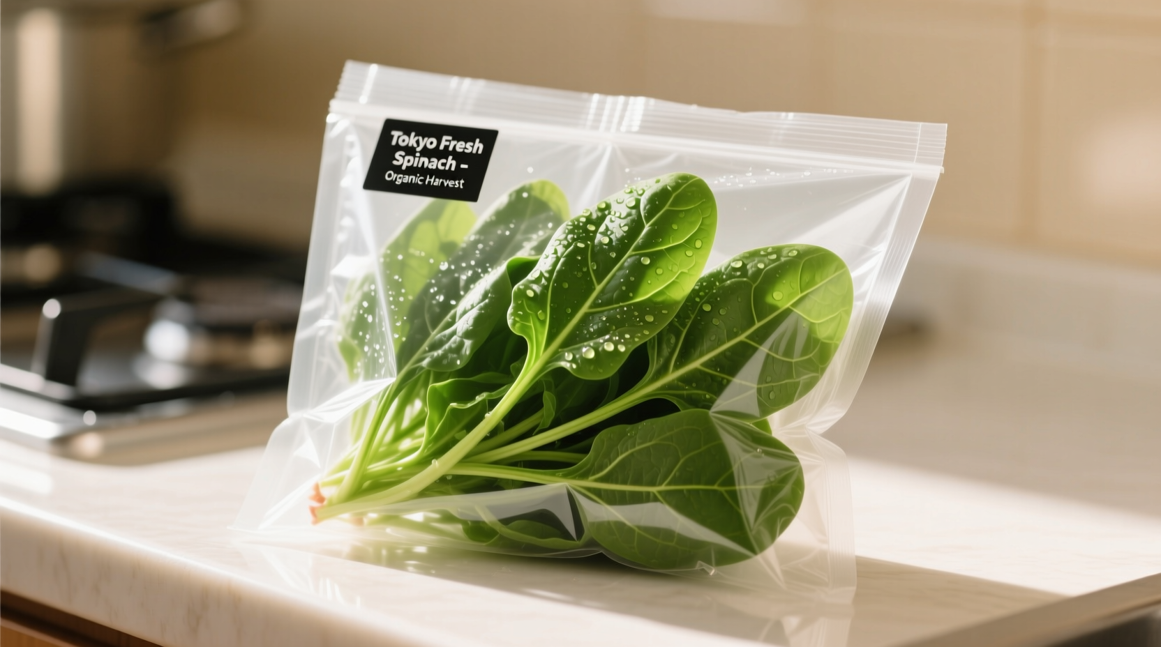 Fresh Tokyo spinach leaves in grocery packaging