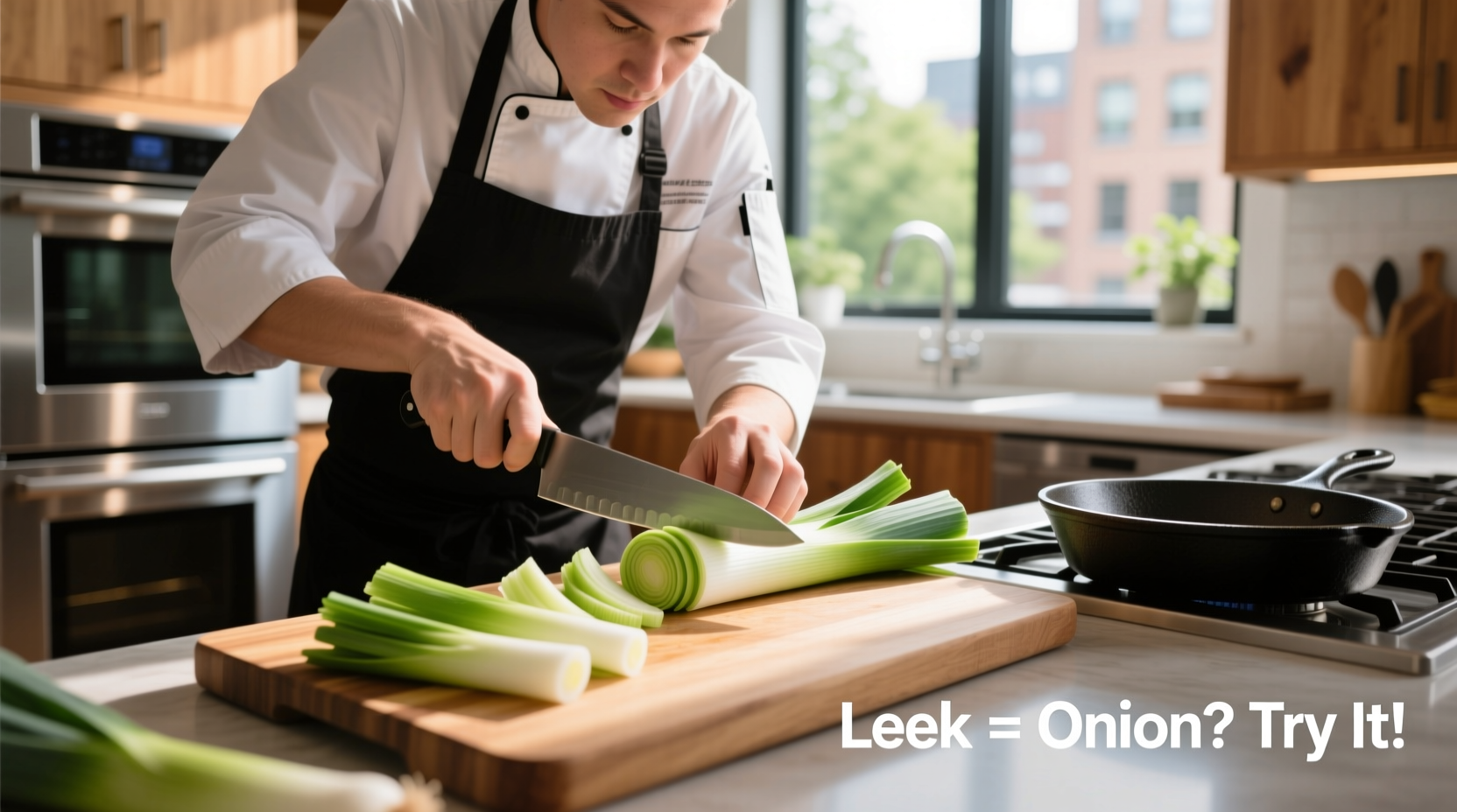 Chef preparing leeks as onion substitute in kitchen