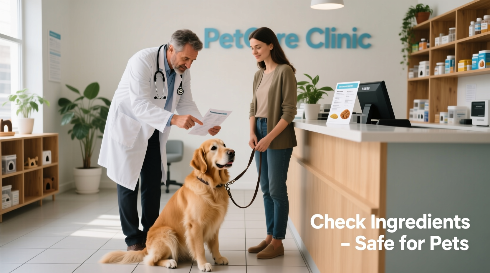 Dog owner checking ingredients with veterinarian