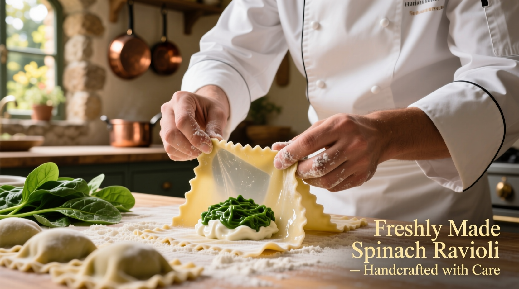 Chef preparing fresh spinach ravioli with ricotta filling