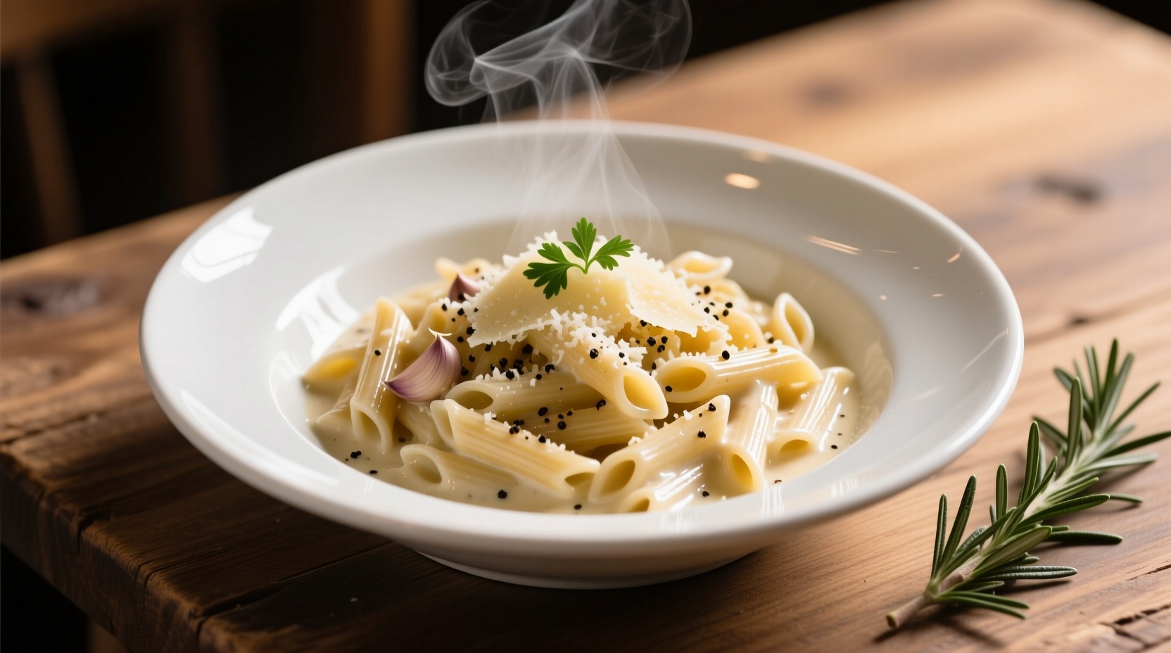 Creamy parmesan garlic orzo in white ceramic bowl