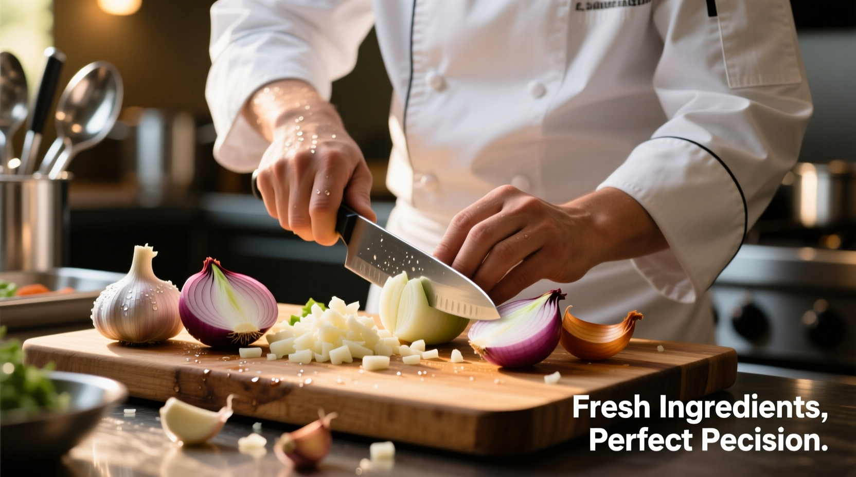 Chef preparing fresh garlic and onions on wooden cutting board