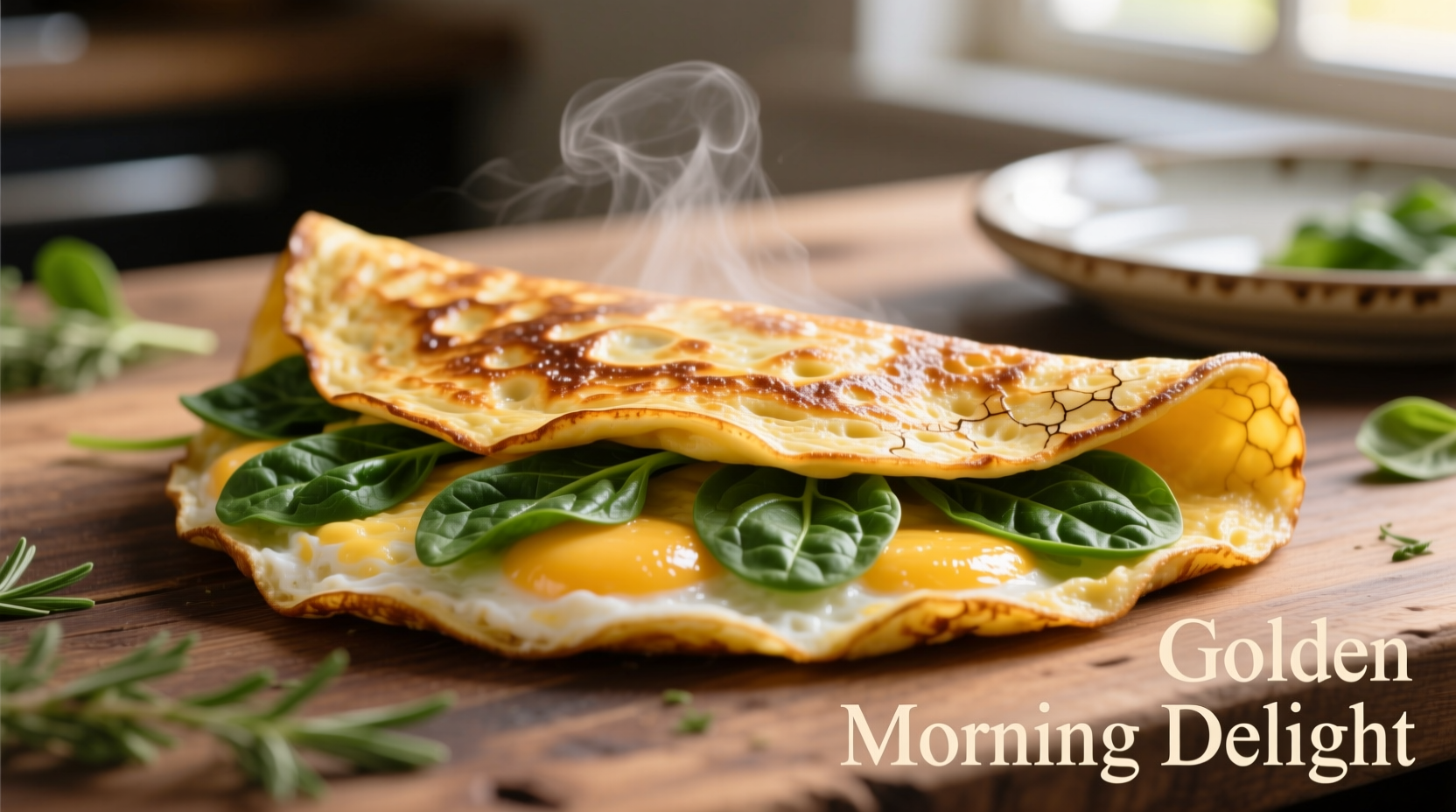 Perfectly folded mushroom spinach omelet with golden exterior