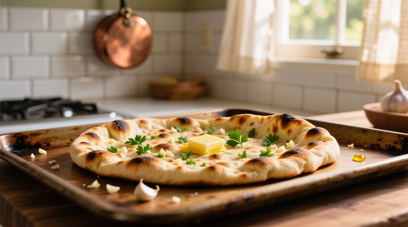 Trader Joe's garlic naan on baking sheet