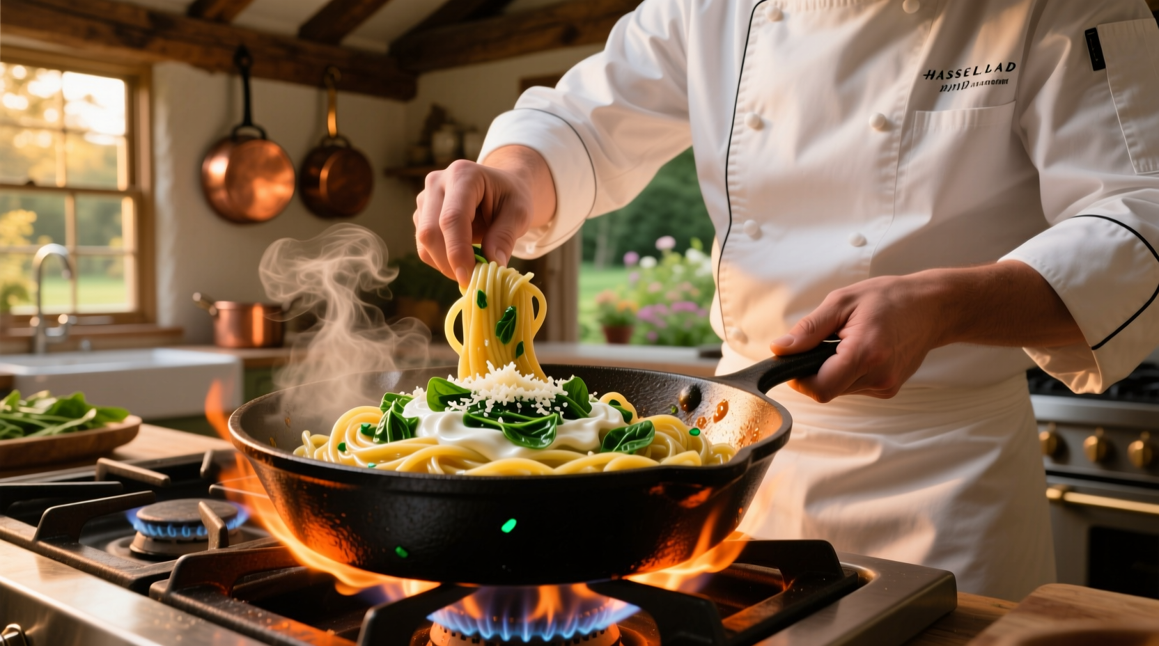 Chef preparing creamy spinach pasta in cast iron skillet