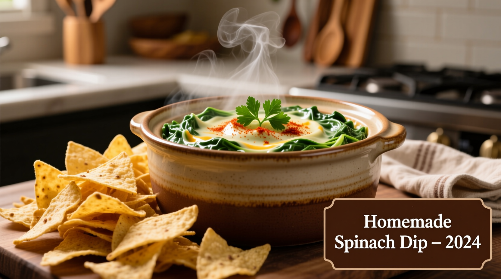 Creamy crockpot spinach dip served with tortilla chips