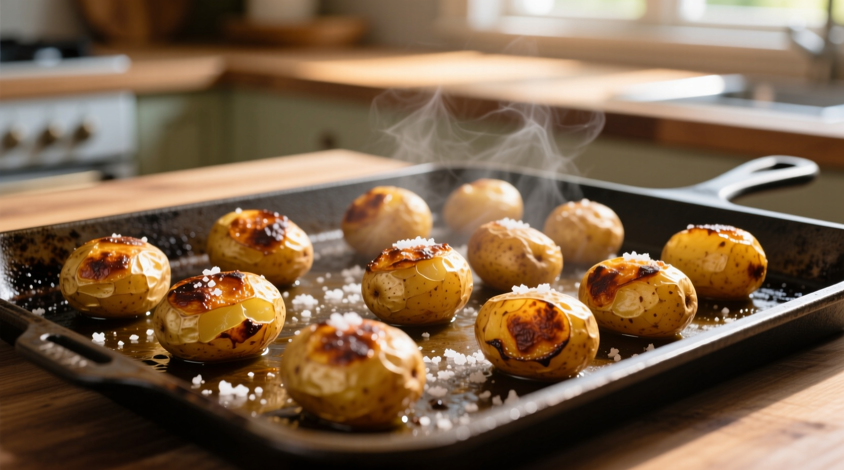 Golden roasted potatoes on baking sheet
