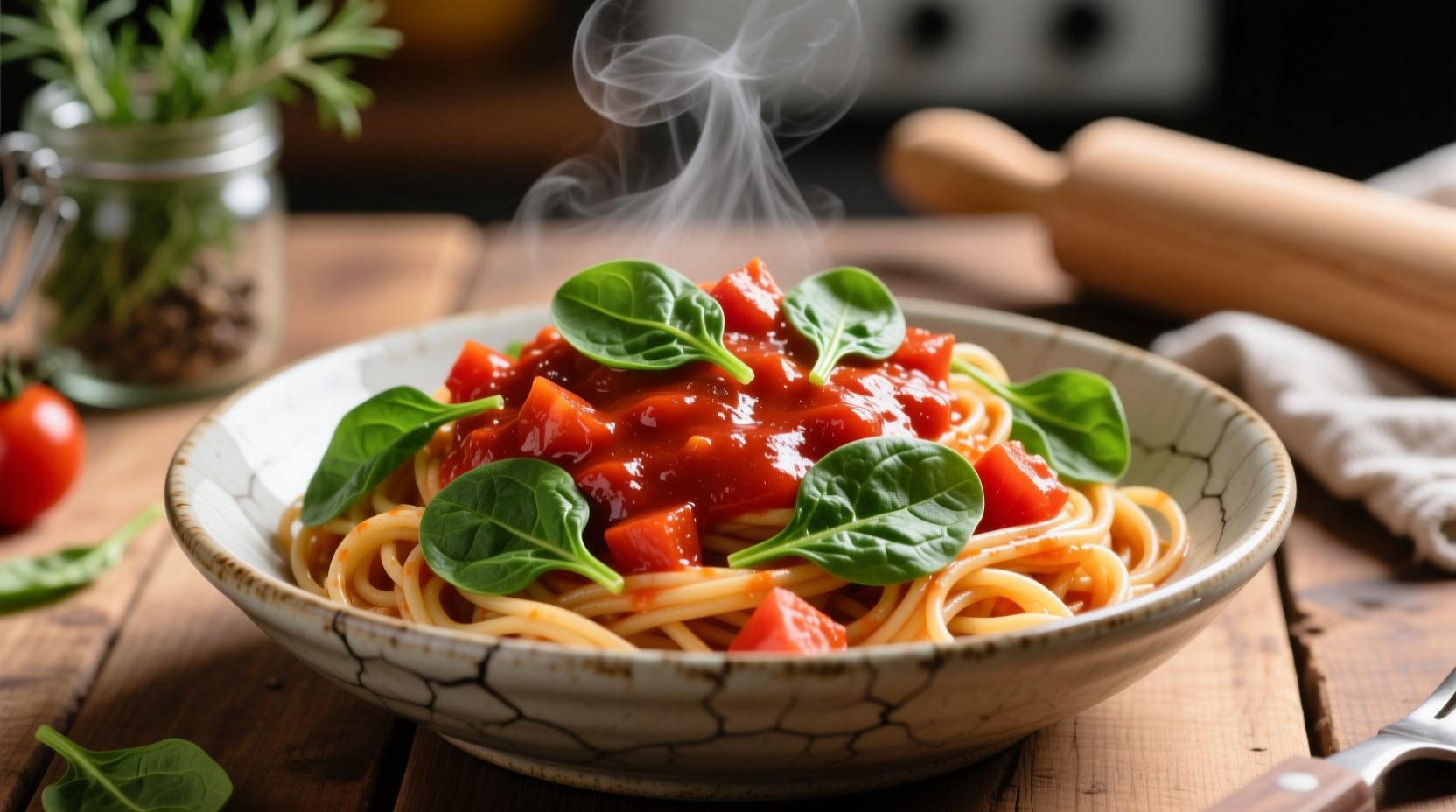 Spaghetti with fresh spinach and tomato sauce