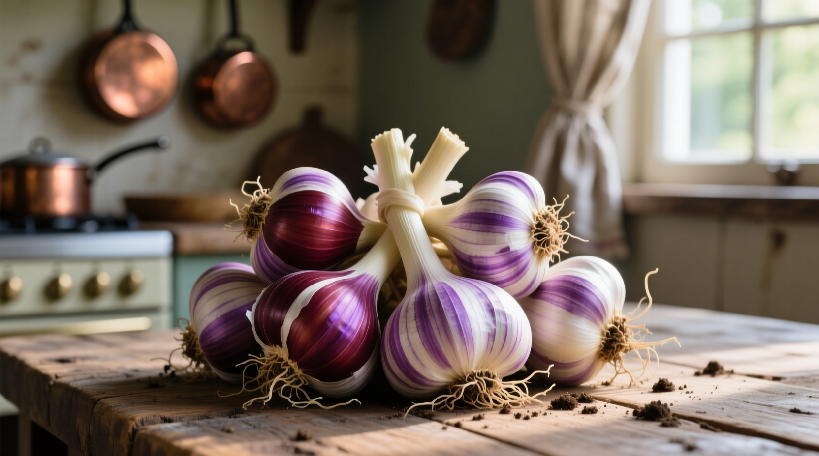 Fresh Creole garlic bulbs with purple-striped wrappers