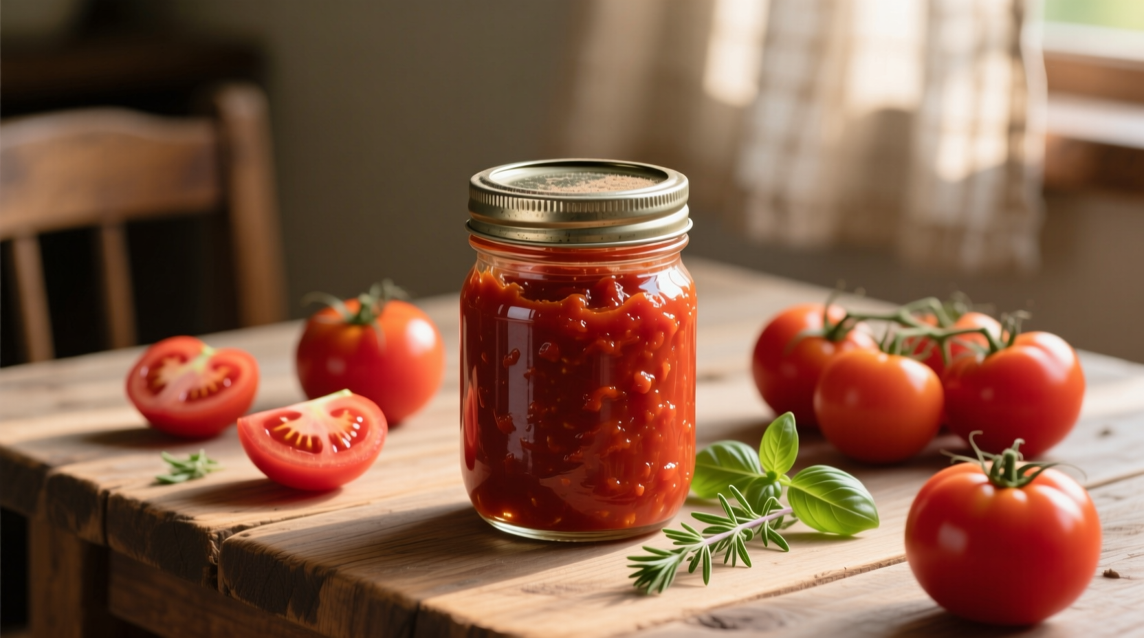 Homemade tomato paste in glass jar with fresh tomatoes