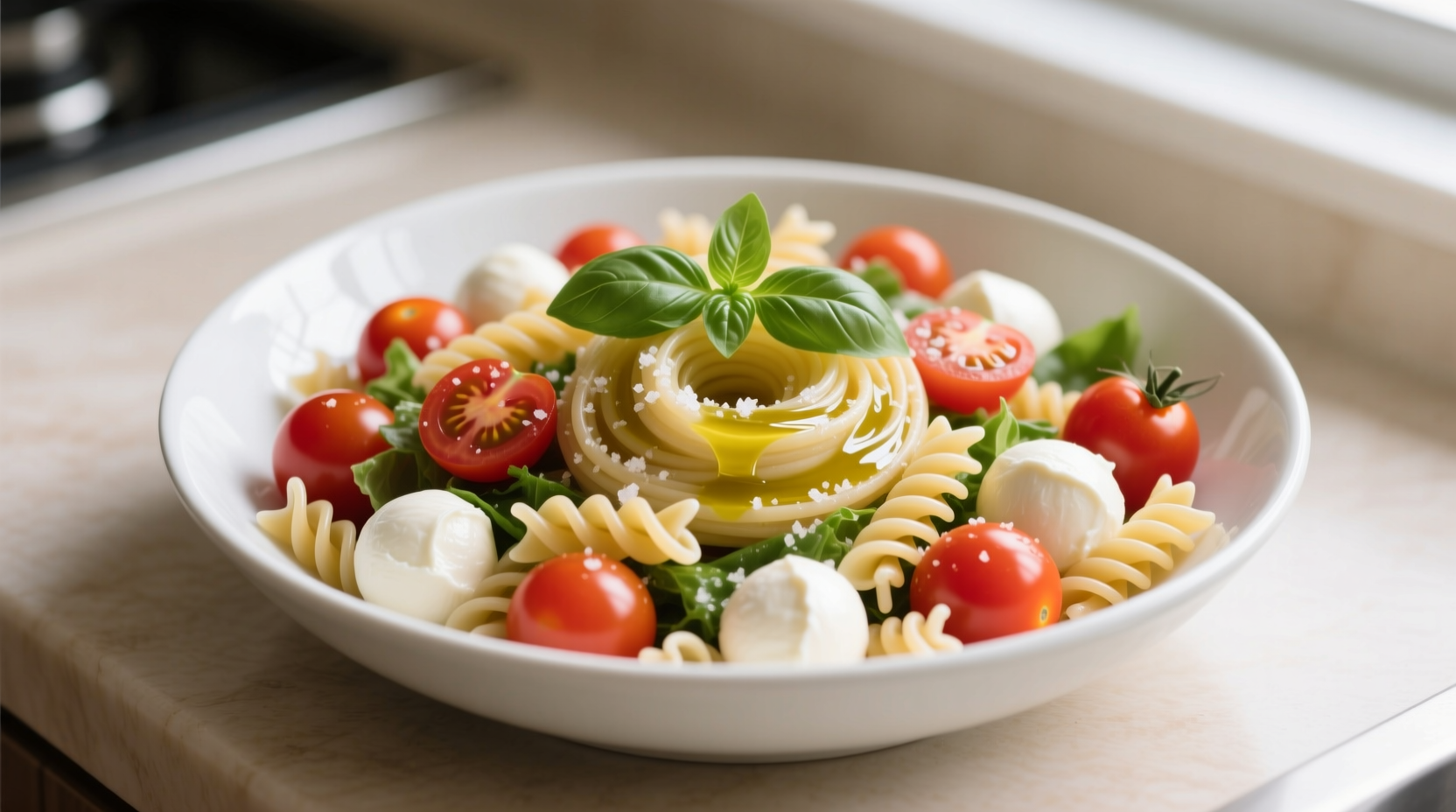 Fresh tomato mozzarella pasta salad in white bowl