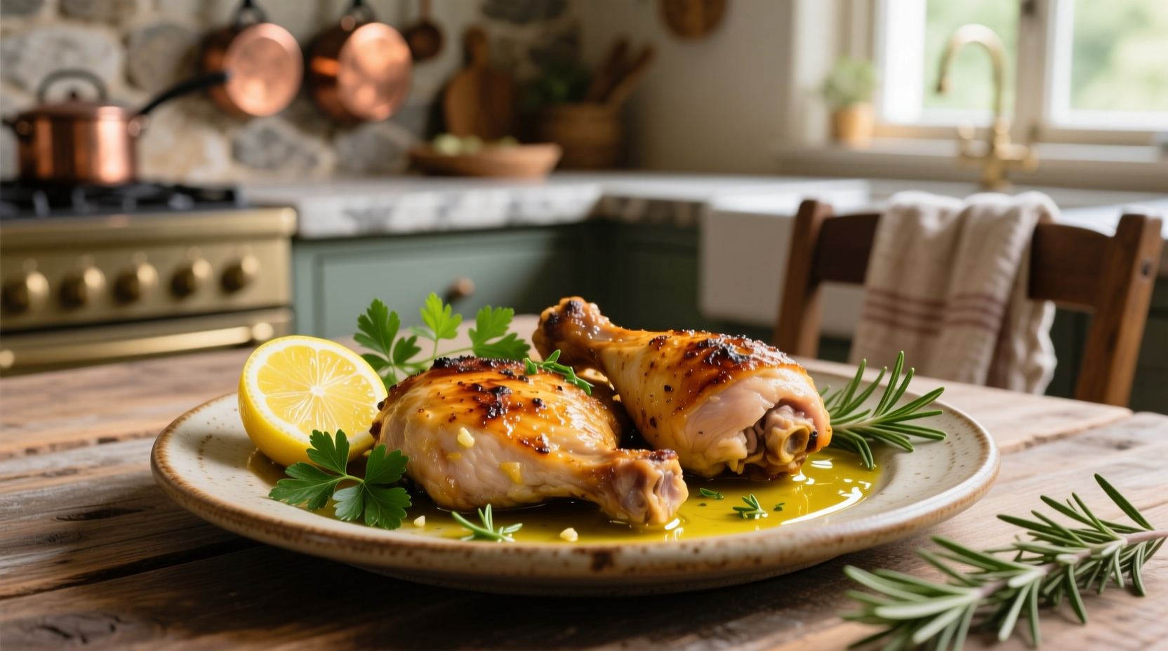 Golden brown lemon garlic chicken thighs with fresh herbs