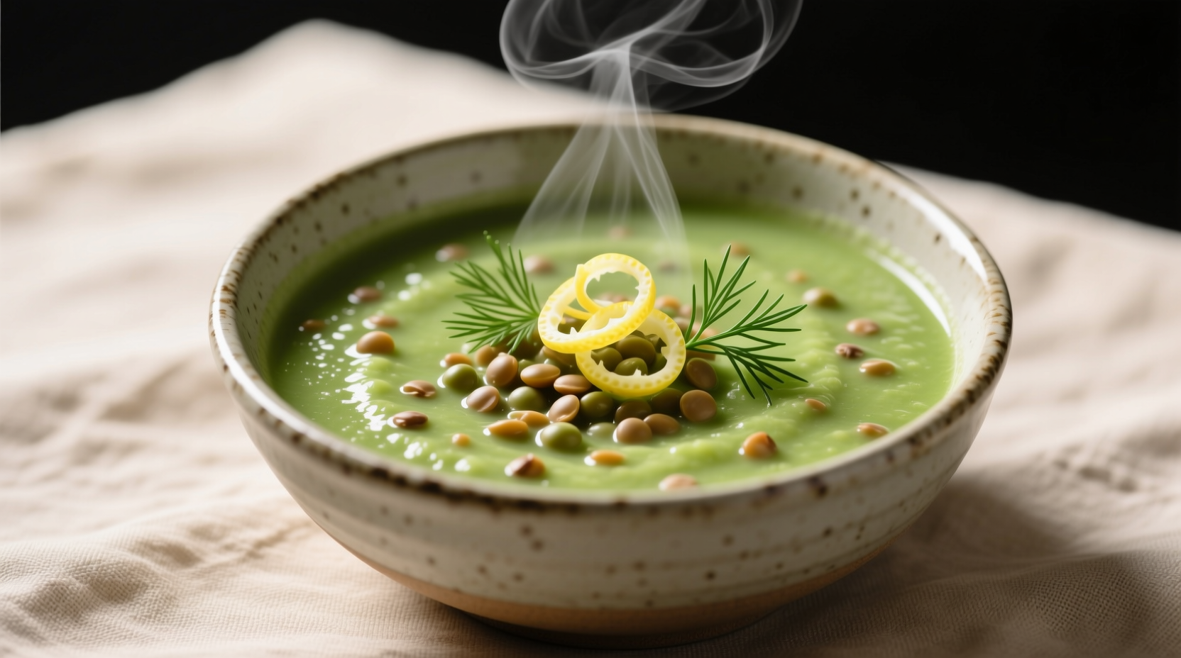Vibrant green pea soup garnished with lemon zest curls and fresh dill in a ceramic bowl