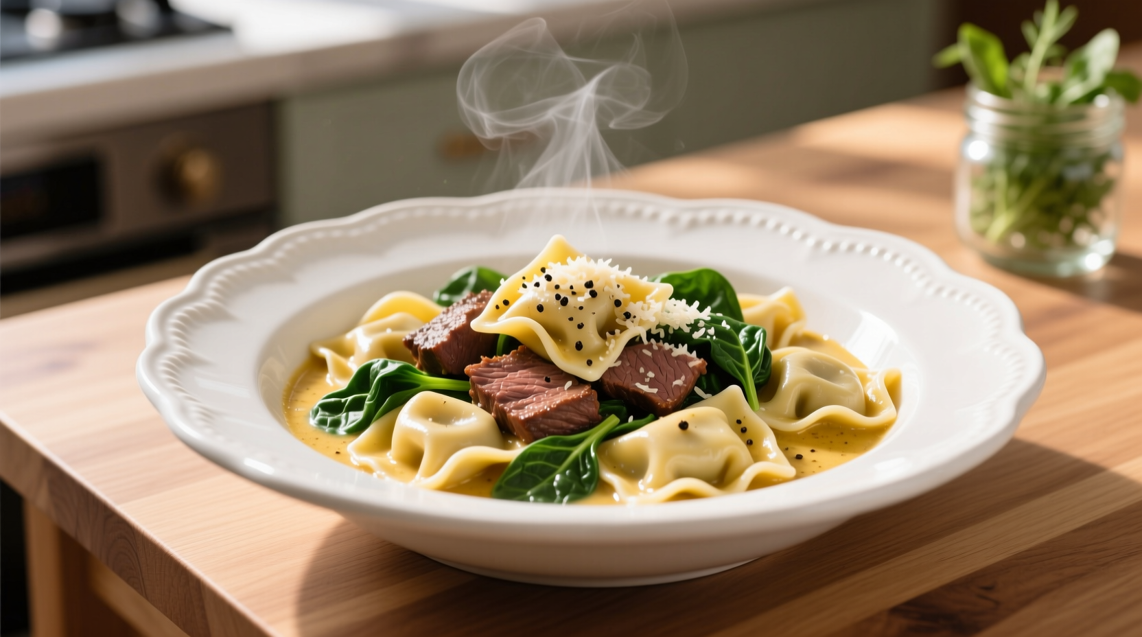 garlic butter beef and spinach tortellini in white bowl