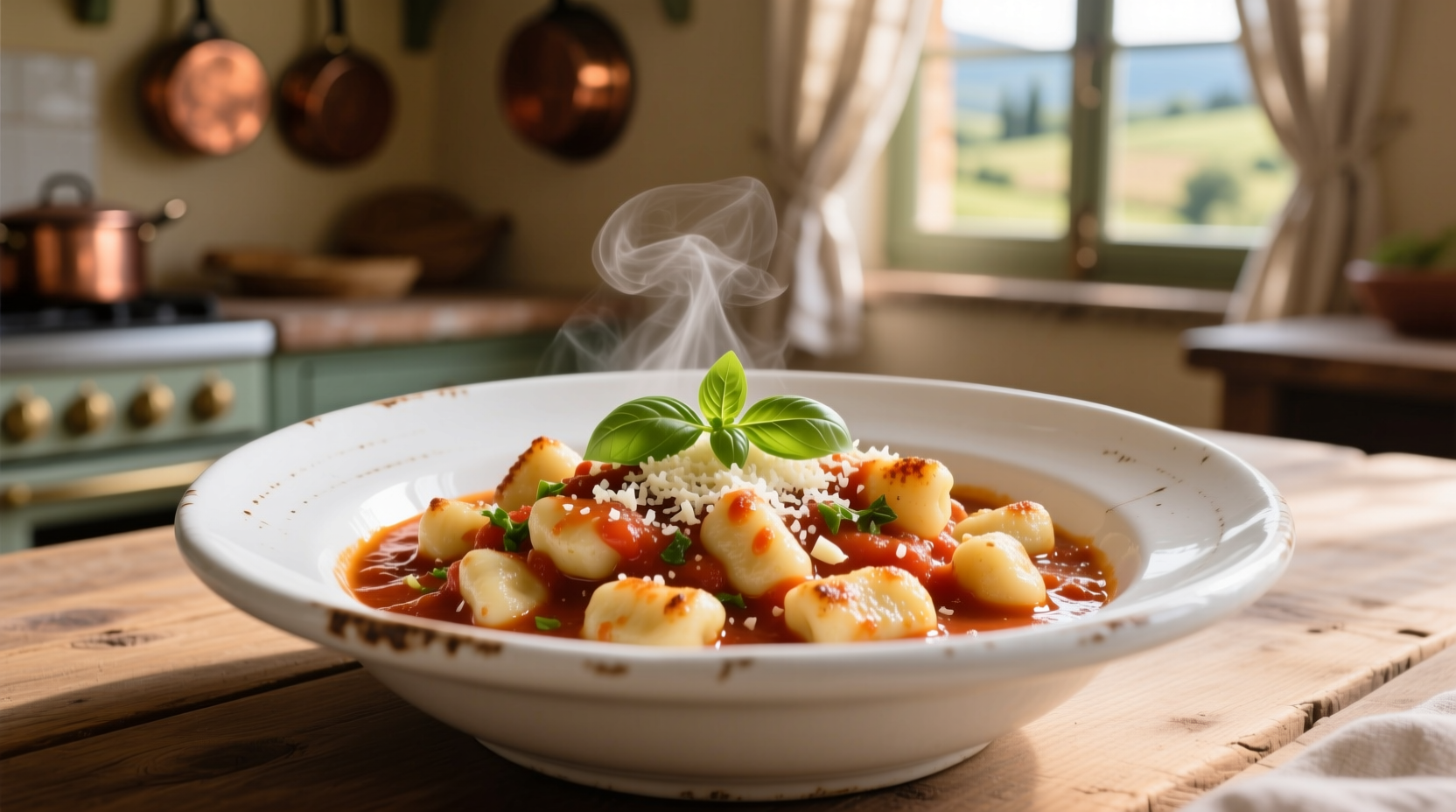 Homemade tomato sauce with gnocchi in white bowl