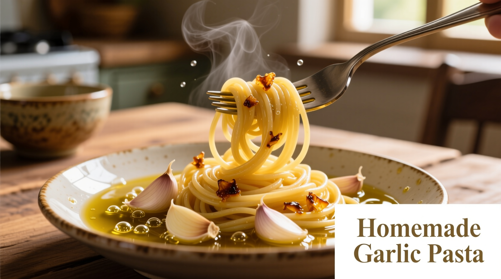 Golden garlic simmering in olive oil with spaghetti