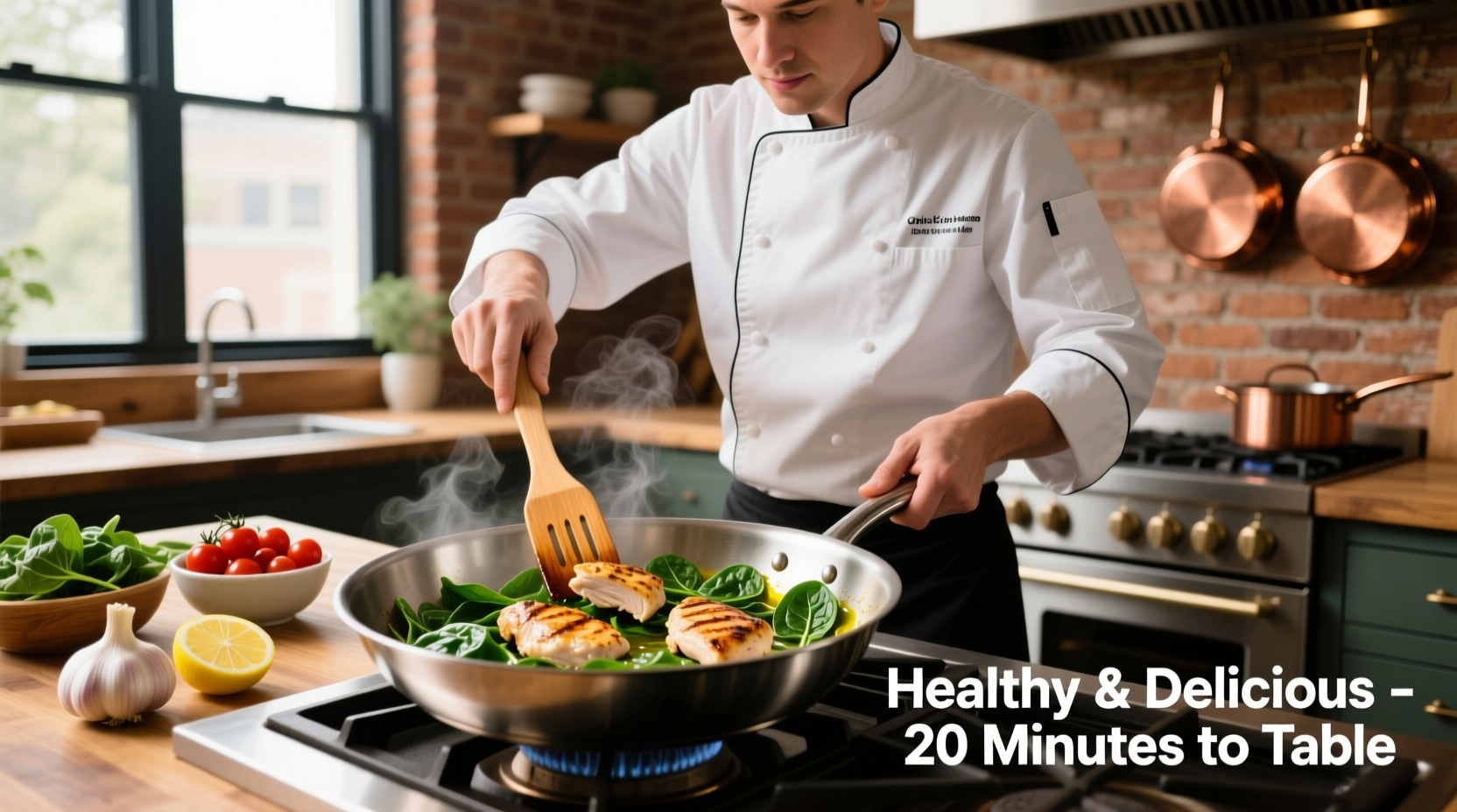 Chef preparing healthy chicken and spinach skillet