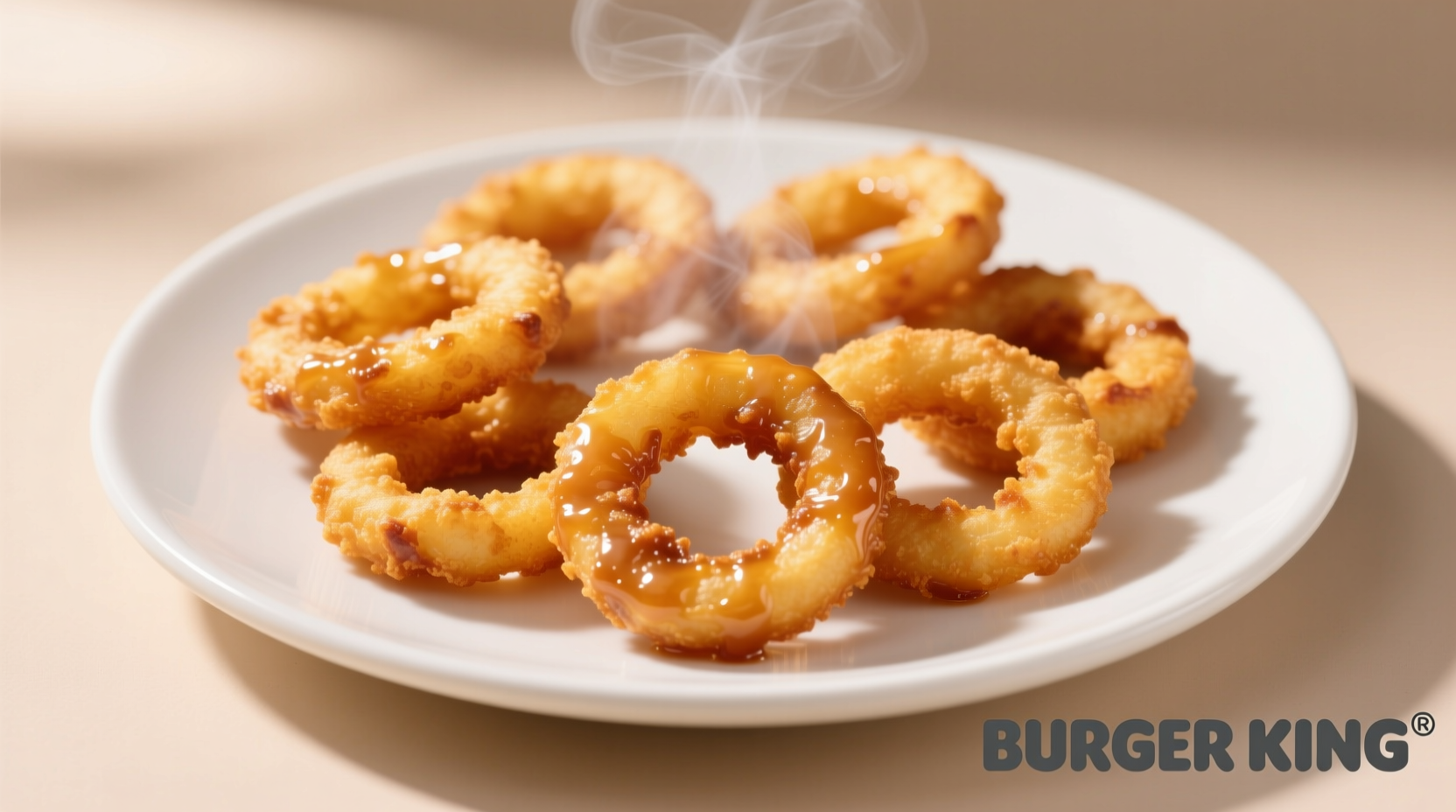 Crispy golden Burger King onion rings on white plate