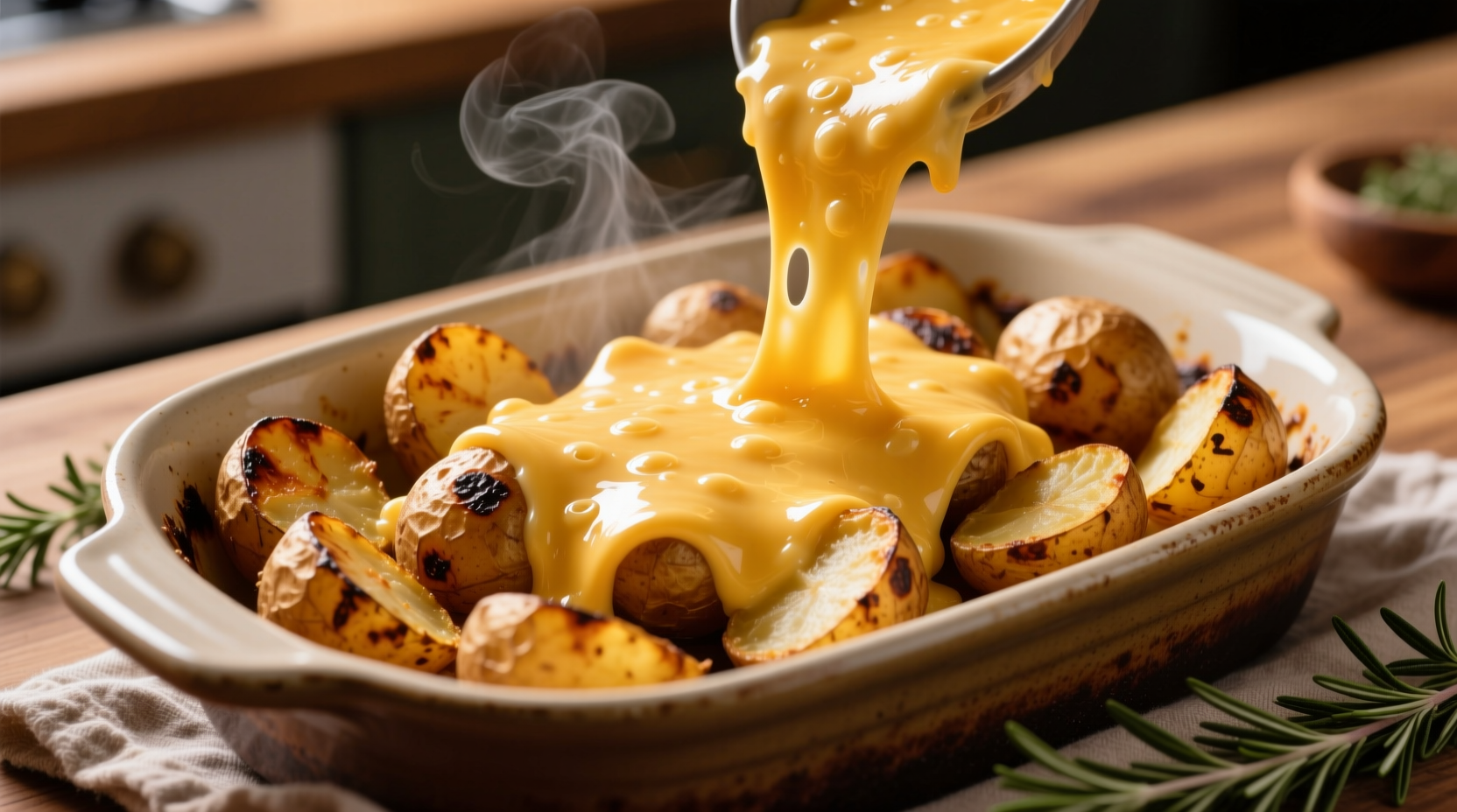 Golden cheddar cheese melted over roasted potatoes