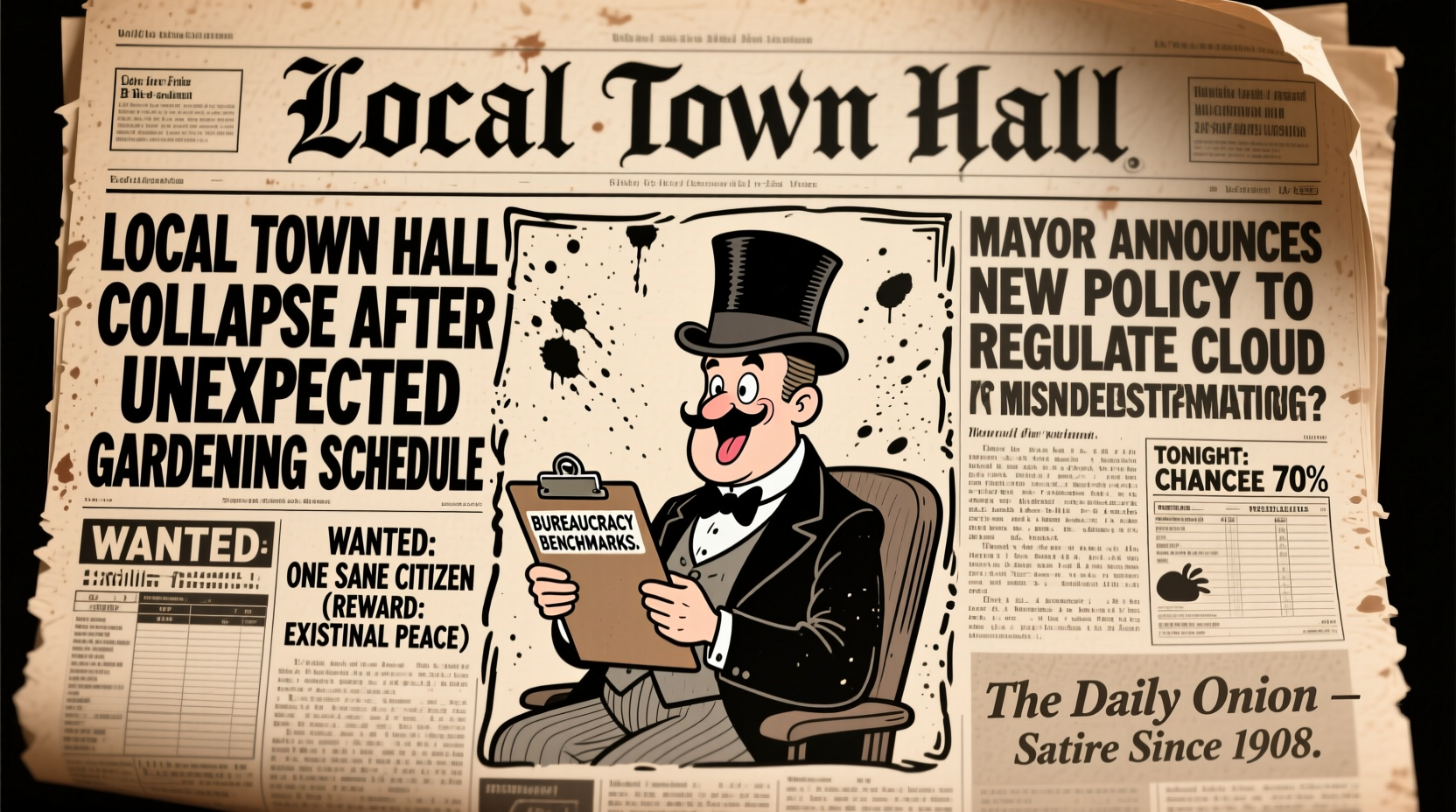 Vintage Onion newspaper layout showing satirical headlines