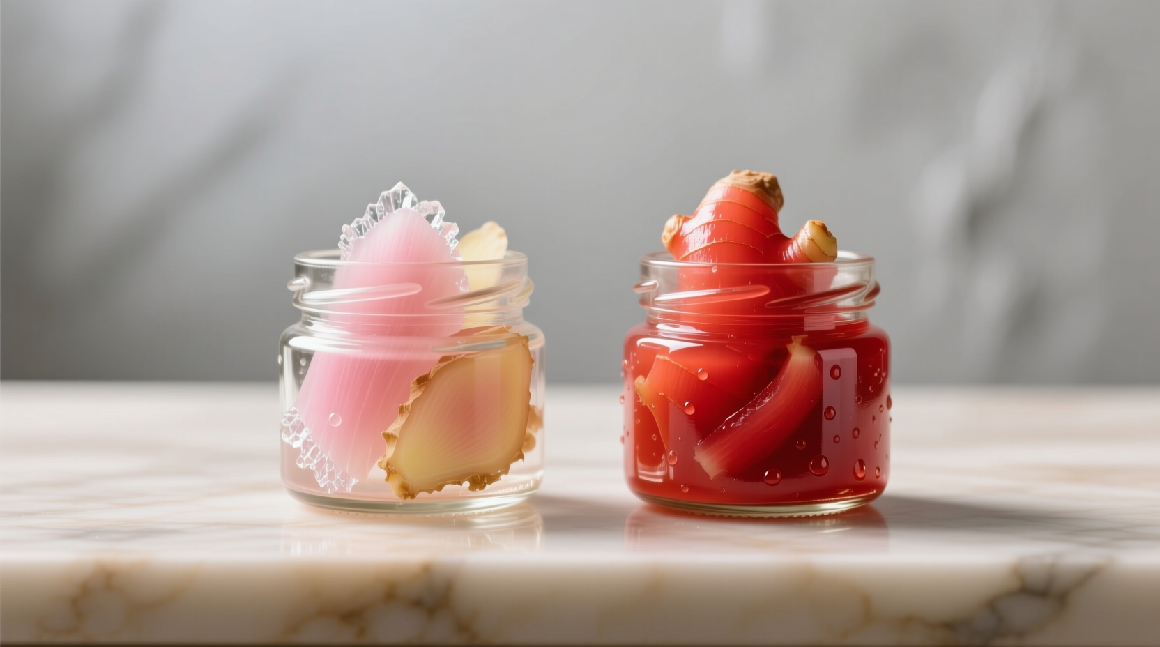 Side-by-side comparison of natural pickled ginger (soft pink) vs artificially colored (bright red)