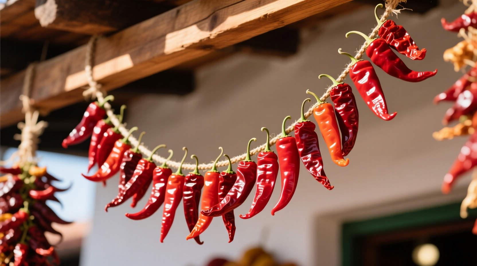 Traditional dried red chili pepper strings hanging in a Mexican mercado, showing vibrant crimson color and varying pepper sizes