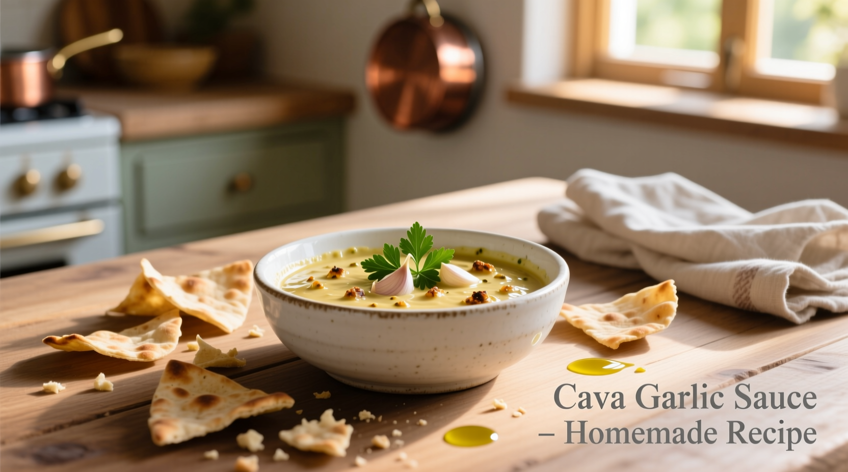Homemade Cava garlic sauce in white bowl with pita chips