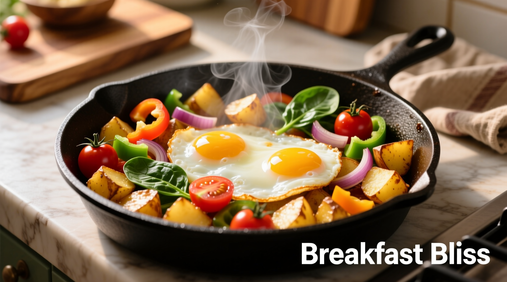 Bunter Kartoffel-Frühstücksskillet mit Eiern und Gemüse