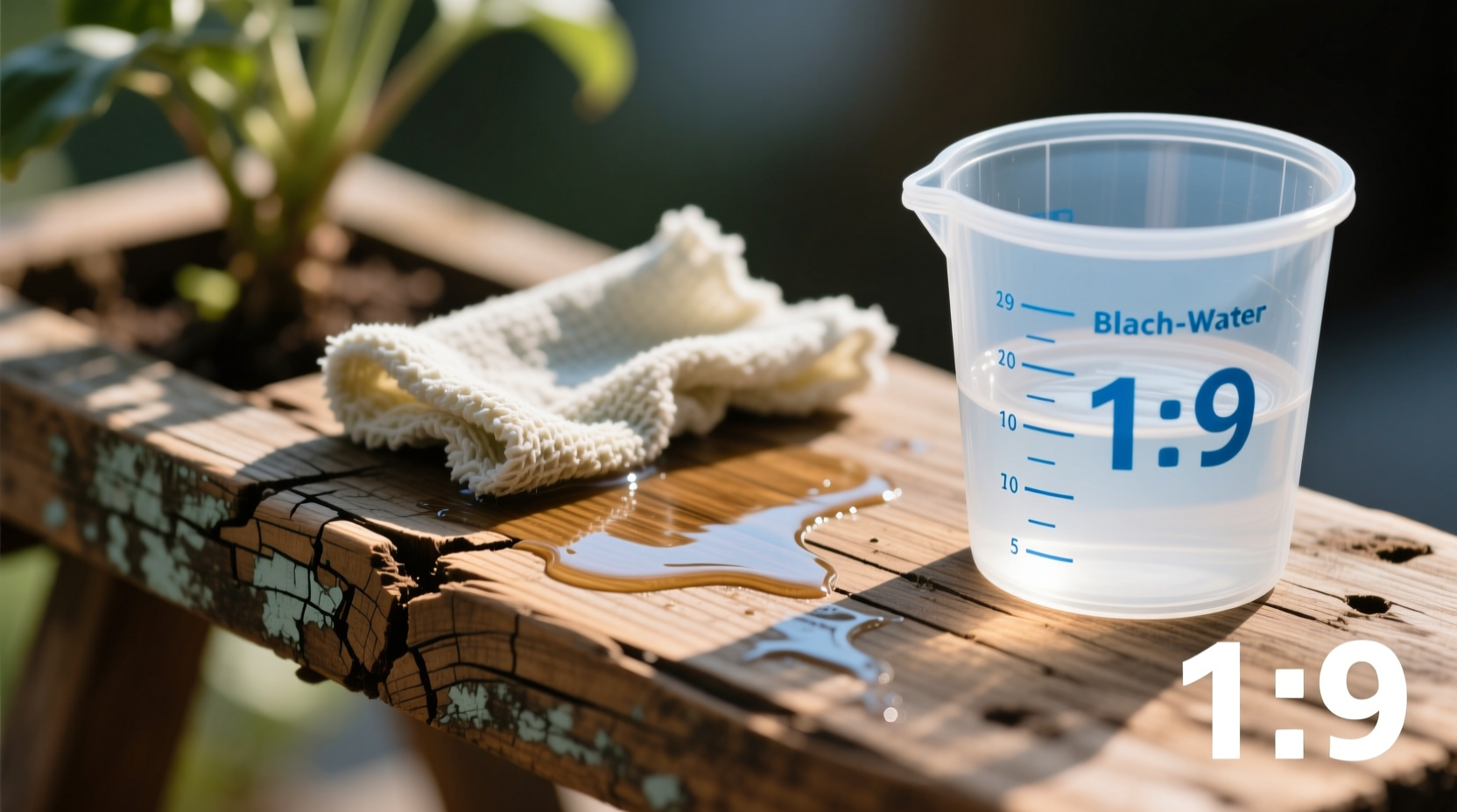 Close-up of a weathered wooden plant stand being wiped with a bleach-soaked rag, with a measuring cup showing 1:9 bleach-to-water ratio beside it, natural light illuminating surface texture