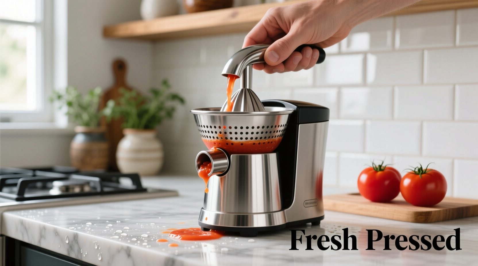 Hand operating a stainless steel tomato juicer