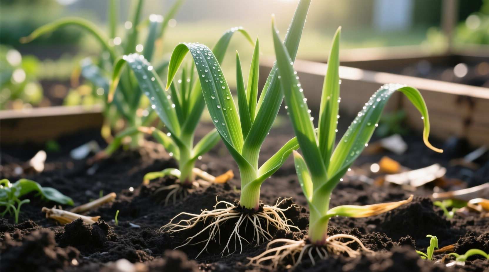 Healthy garlic plants growing in garden soil