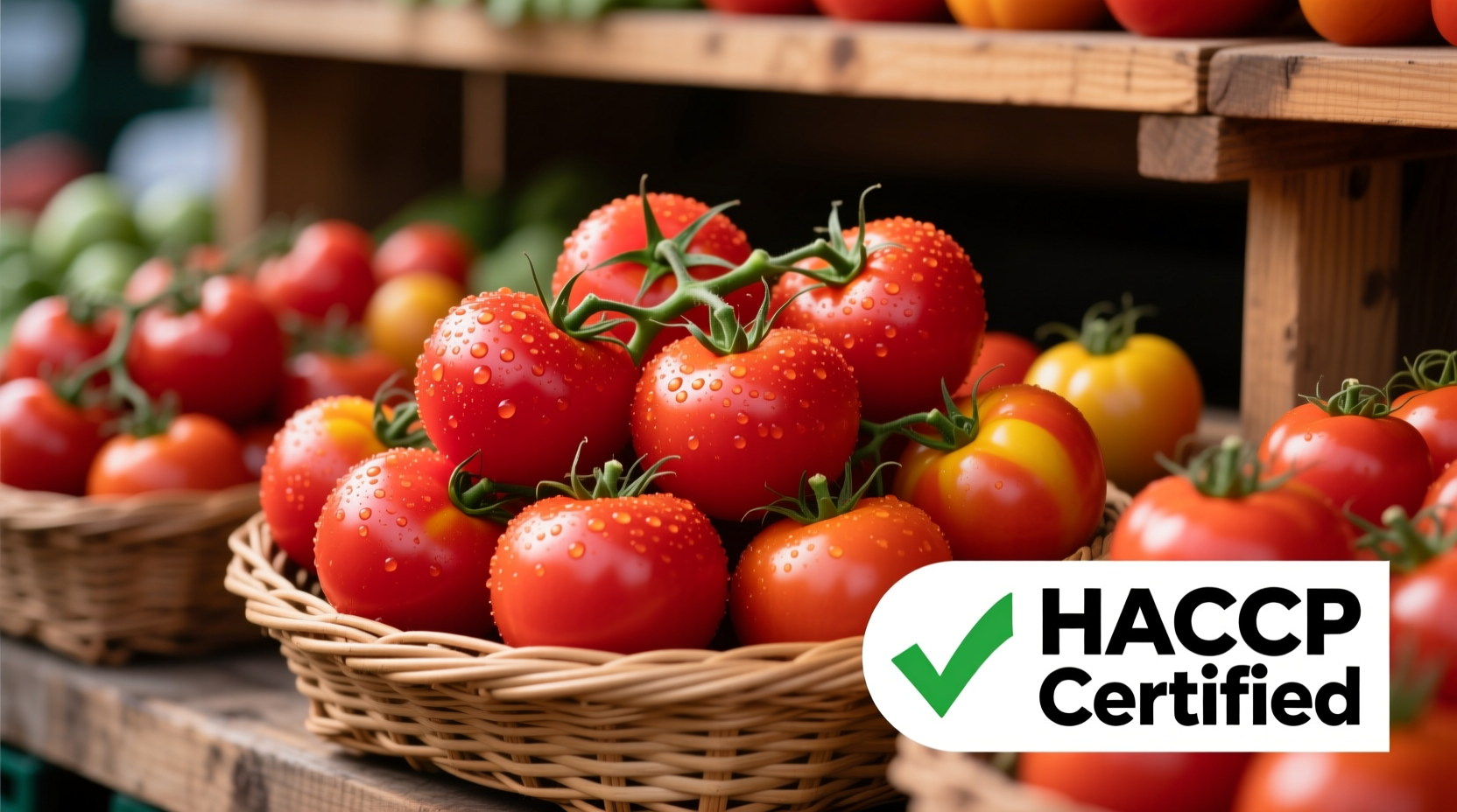 Fresh tomatoes on market display with food safety certification