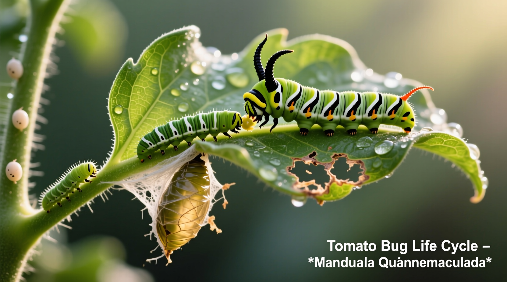 Tomato bug life cycle stages on leaf