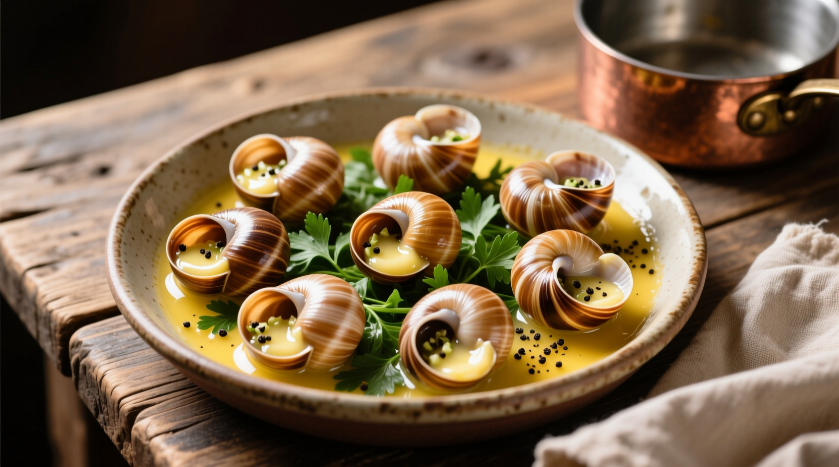 Garlic snails served in traditional escargot dish with melted butter