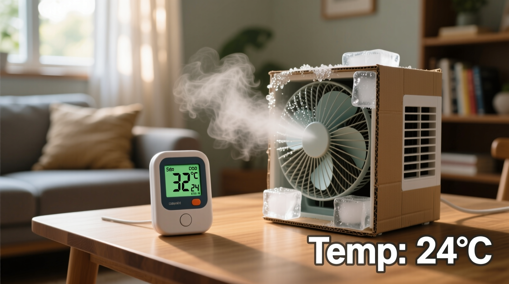 Thermometer showing temperature drop from DIY air conditioner