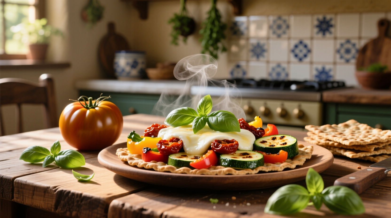 Tomato basil wheat thins with cheese and vegetables