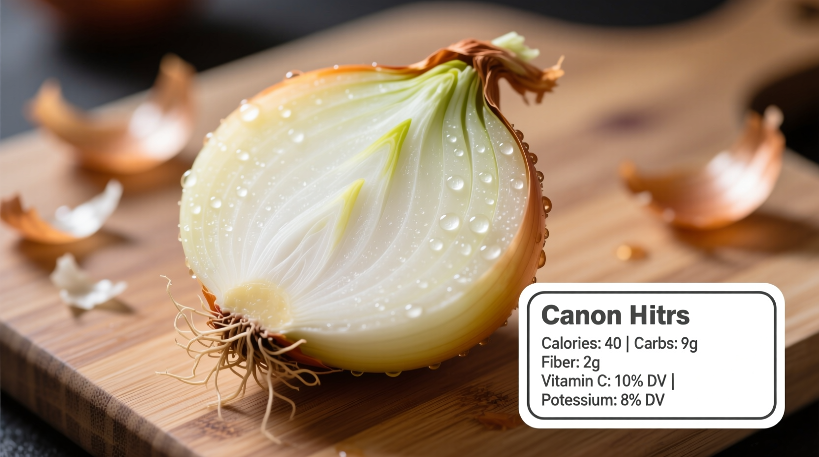 Fresh onions with nutritional labels