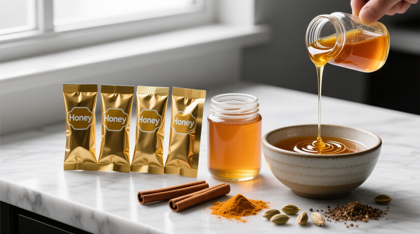 Side-by-side comparison of honey packets and liquid honey in spice blending process showing texture differences