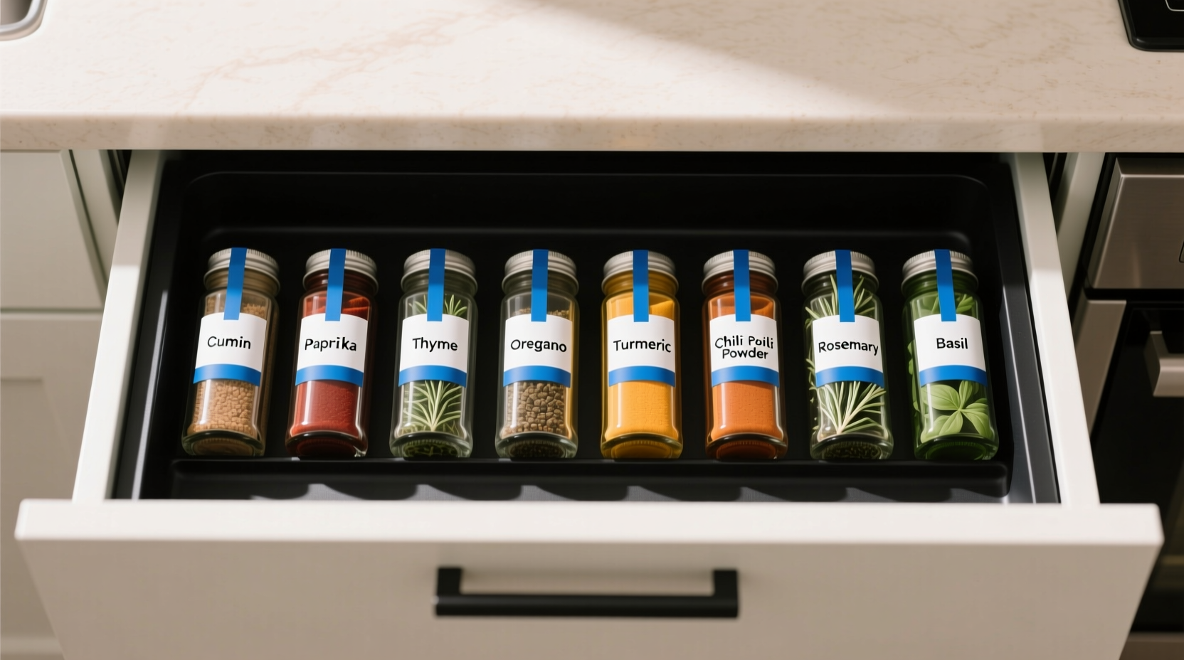 Overhead photo of a shallow kitchen drawer lined with black magnetic tape, holding eight upright glass spice jars with crisp white-and-blue printable labels; jars are evenly spaced, with no overlapping or tilting