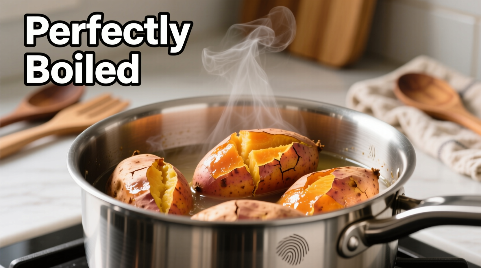Perfectly boiled sweet potatoes in stainless steel pot