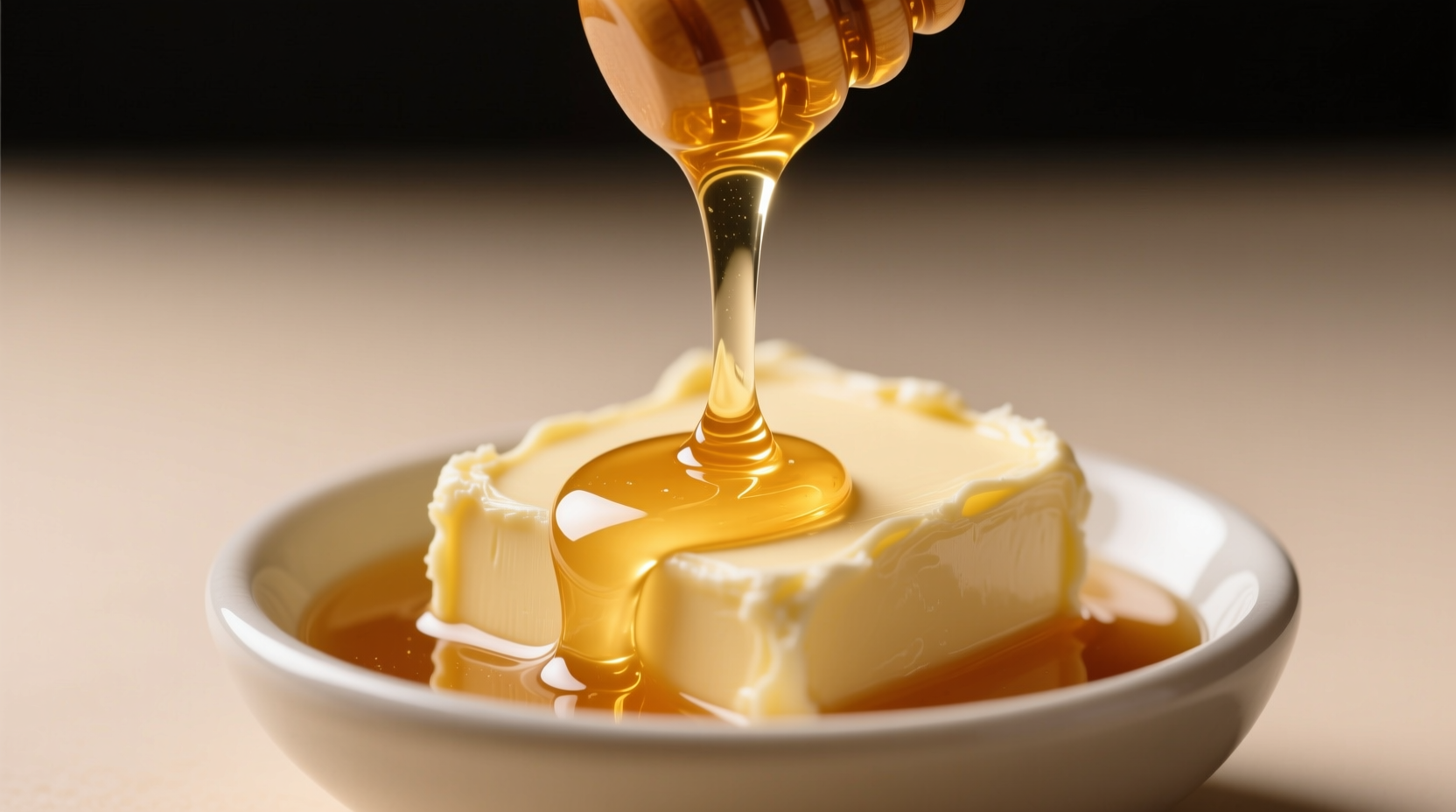 Close-up of honey dripping into softened butter in a mixing bowl, showing smooth emulsion