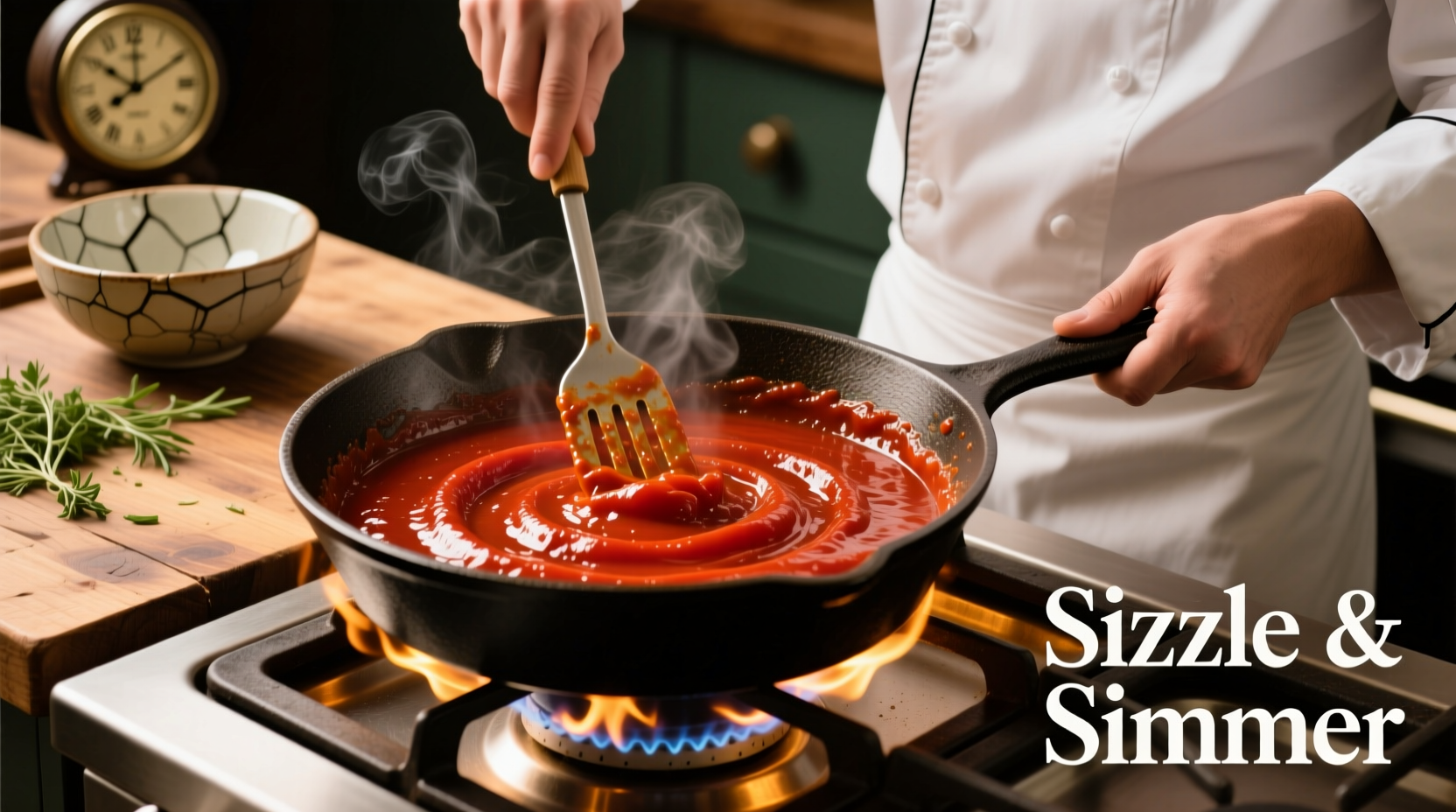 Chef stirring tomato paste in skillet