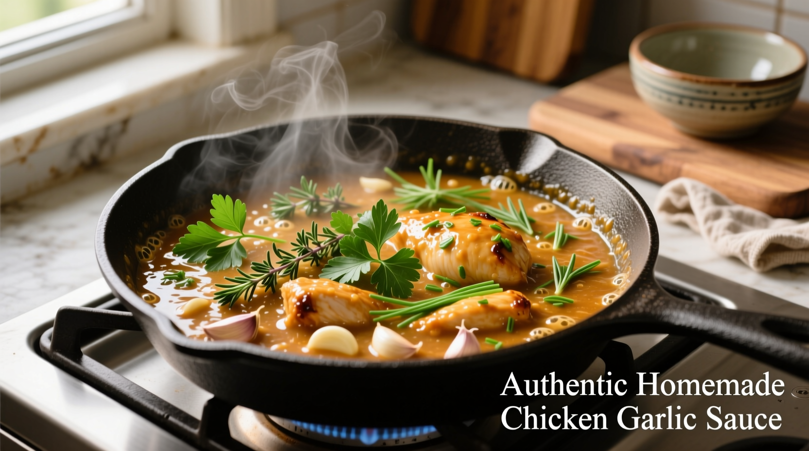 Homemade chicken garlic sauce in pan with fresh herbs