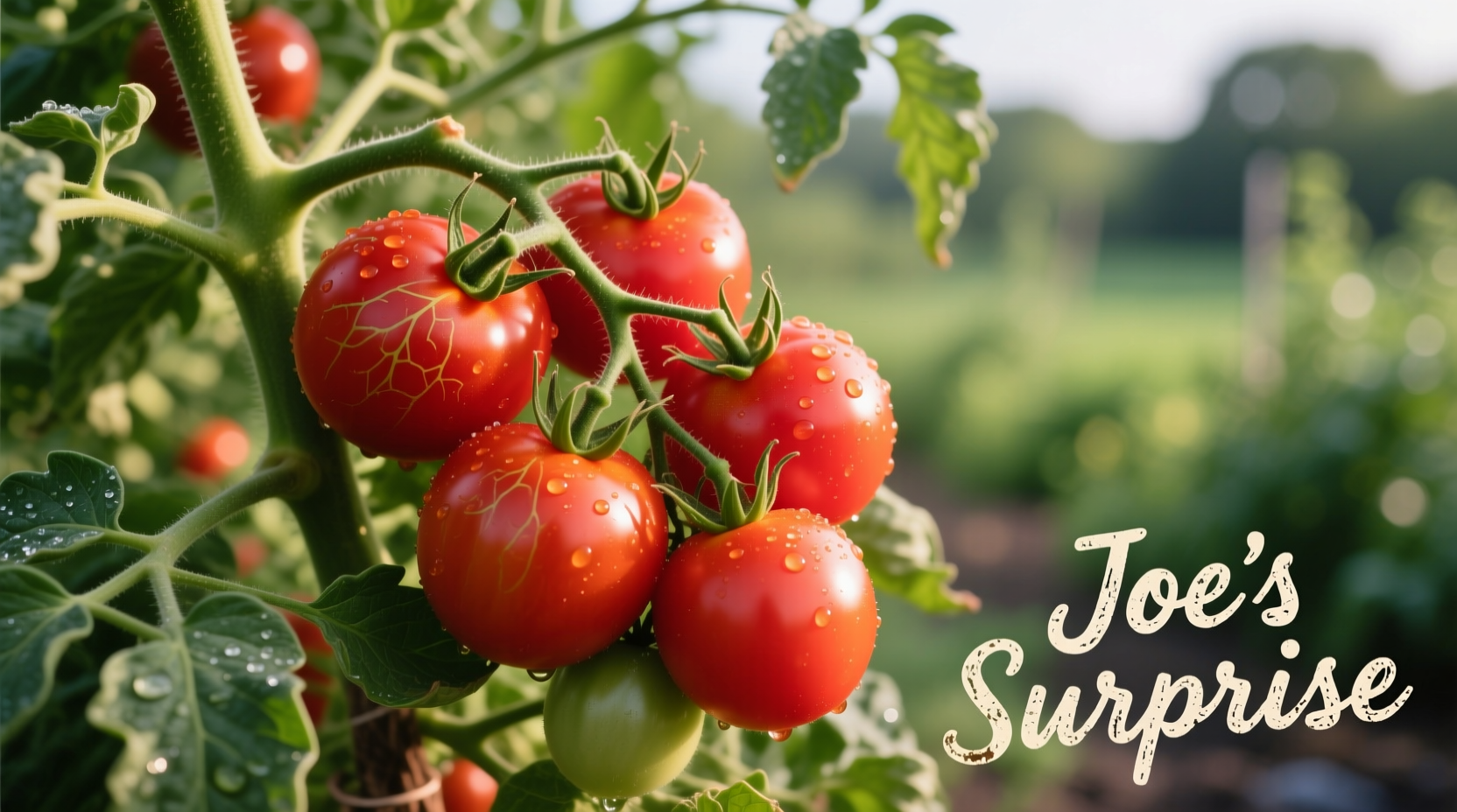 Ripe Joe's Surprise tomatoes on vine with green foliage