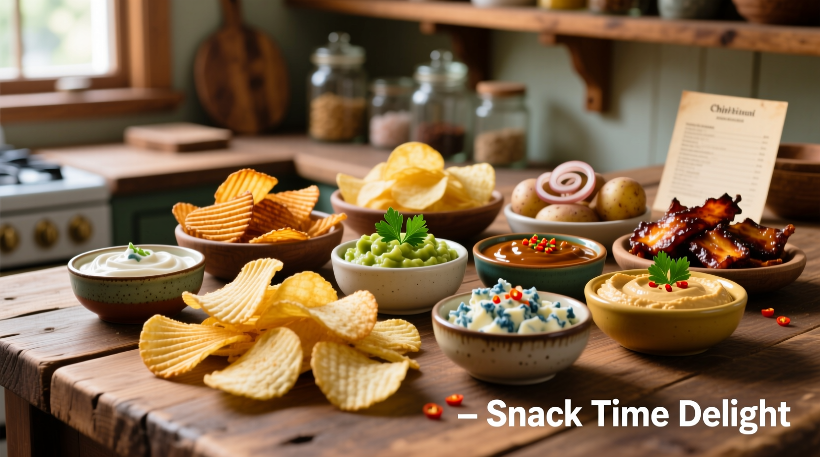 Variety of potato chips paired with different dips in small bowls