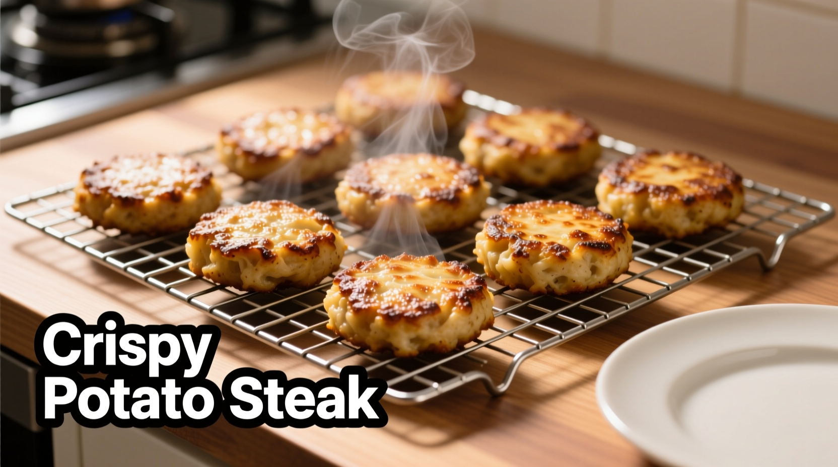 Golden brown potato steak patties on wire rack