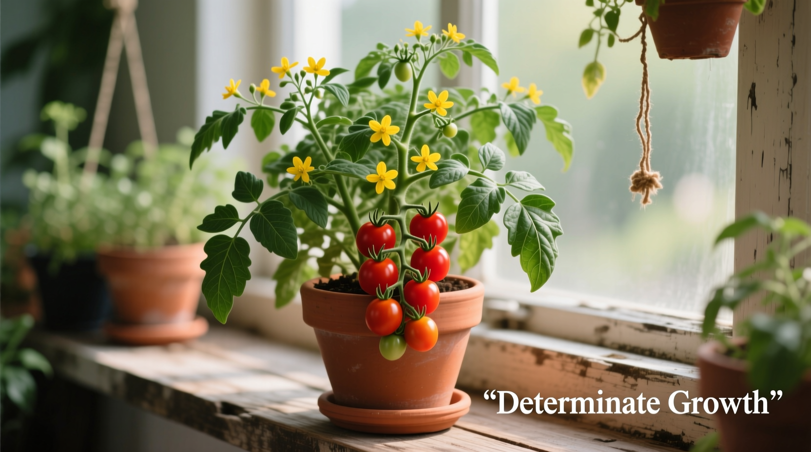 Determinate tomato plant showing compact growth habit in container