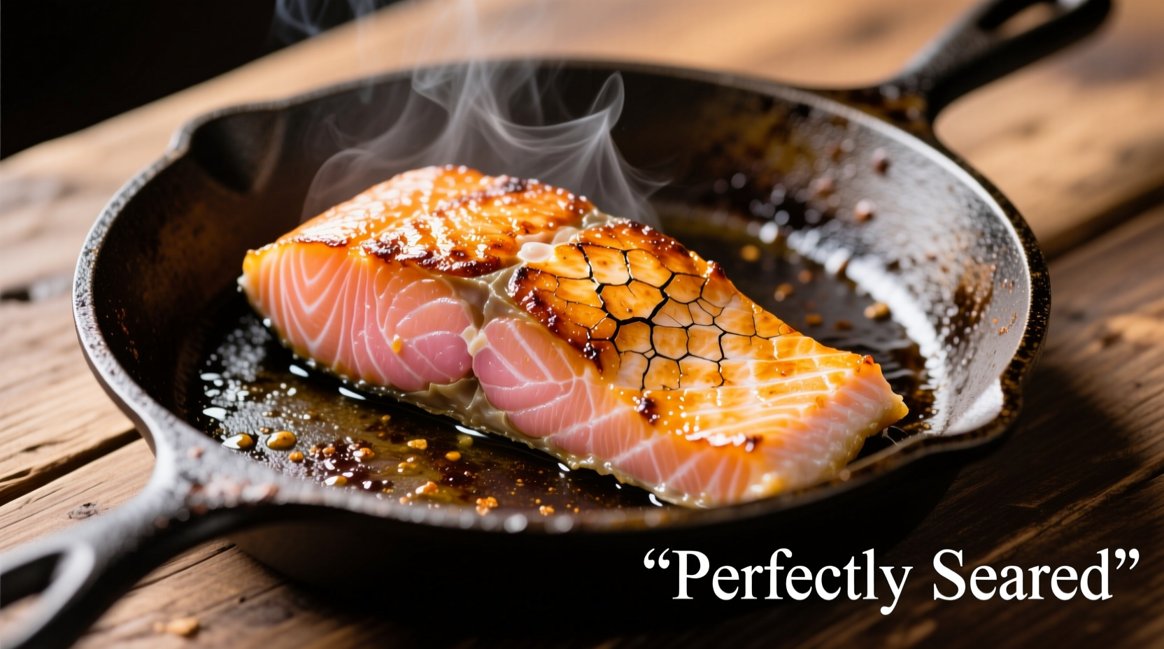 Perfectly seared salmon fillet with crispy skin on cast iron skillet