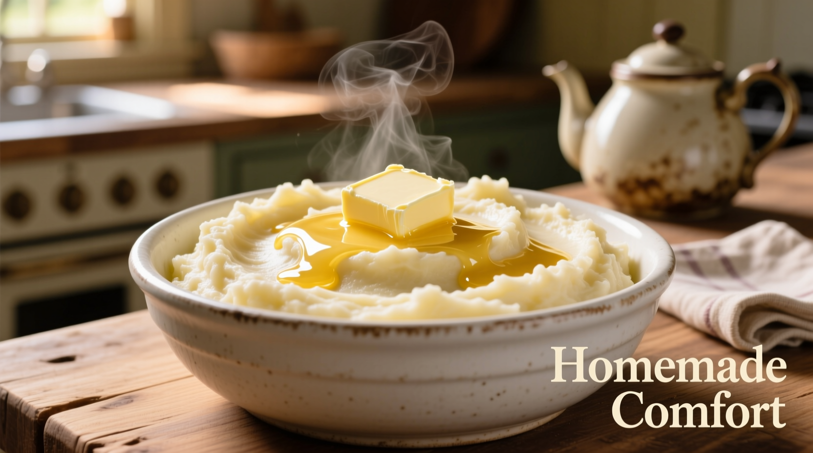 Creamy mashed potatoes in white bowl with butter melting